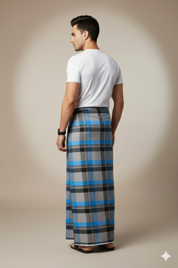 Men's Stylish Plaid Lungi - Modern Grey and Blue Checkered Design