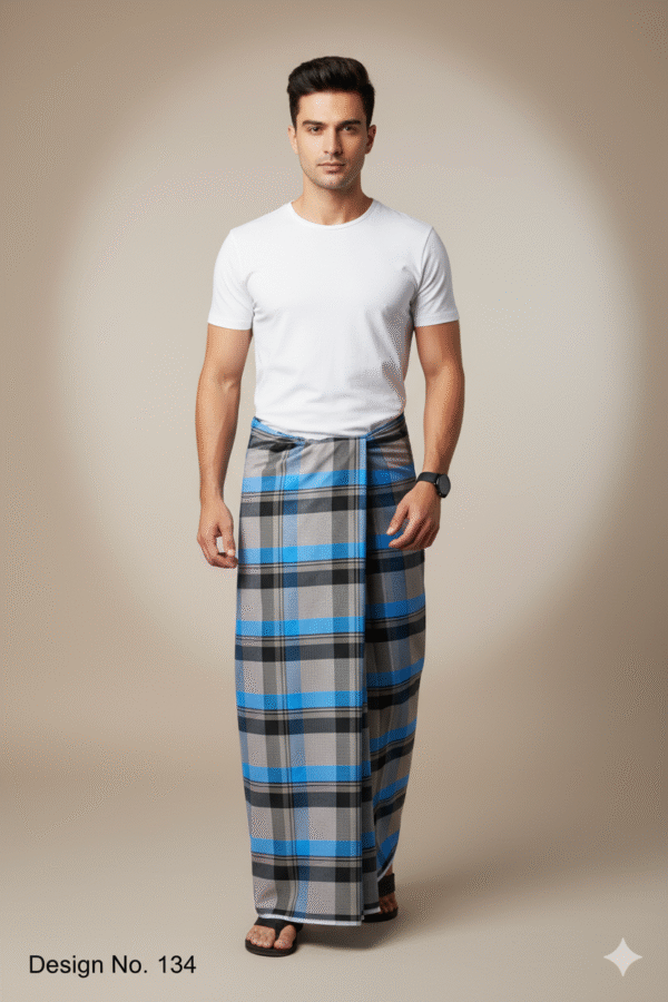 Men's Stylish Plaid Lungi - Modern Grey and Blue Checkered Design