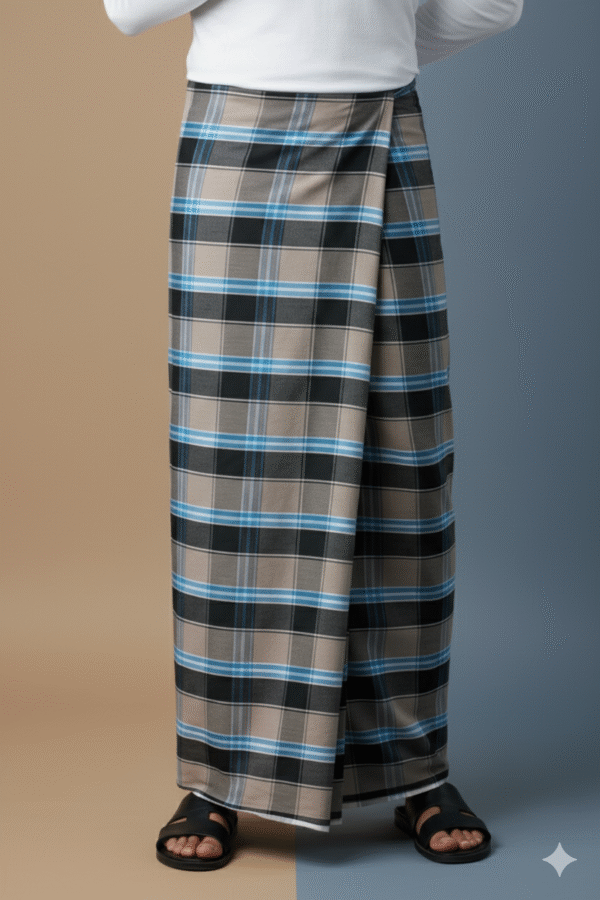 Men's Stylish Plaid Lungi - Modern Tan and Blue Checkered Design
