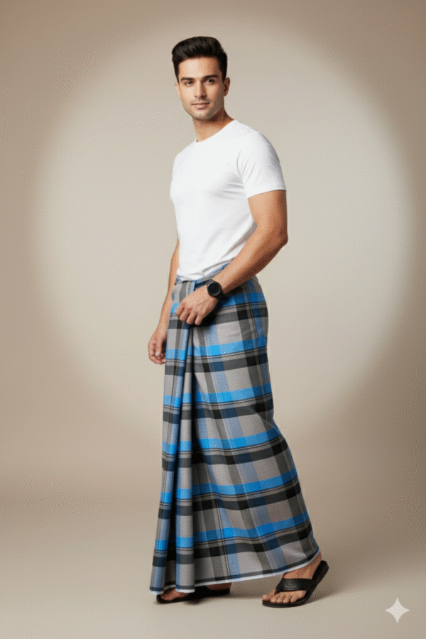 Men's Stylish Plaid Lungi - Modern Grey and Blue Checkered Design