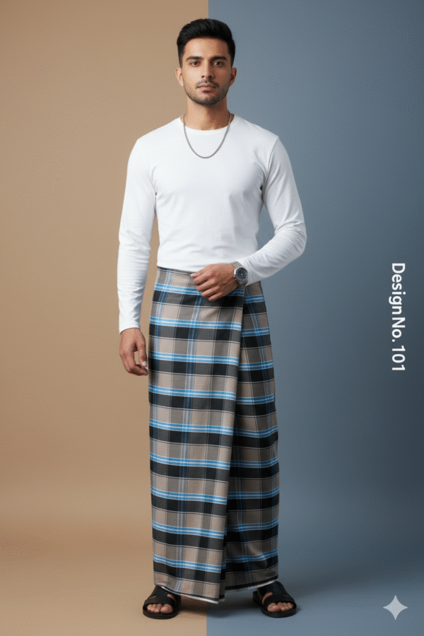 Men's Stylish Plaid Lungi - Modern Tan and Blue Checkered Design