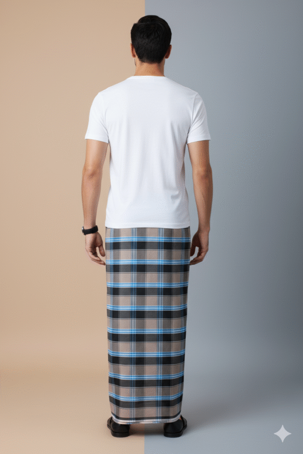Men's Stylish Plaid Lungi - Modern Tan and Blue Checkered Design