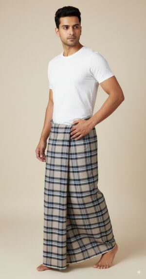 Generated Image September 02, 2025 - 8_41PM Men's Stylish Plaid Lungi - Beige and Blue Checkered Design