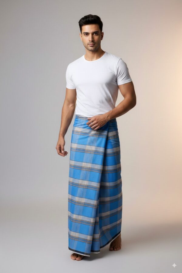Men's Modern Plaid Lungi - Stylish Blue & Grey Design