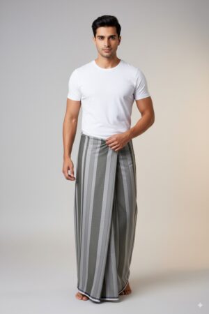 Men's Modern Lungi - Sleek Grey Striped Design