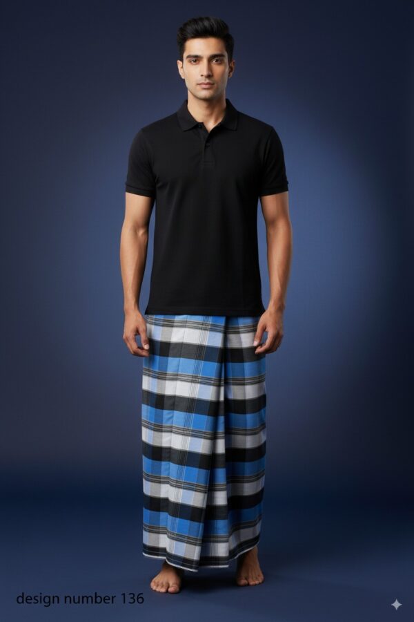 Men's Modern Lungi - Bold Blue & White Checkered Design