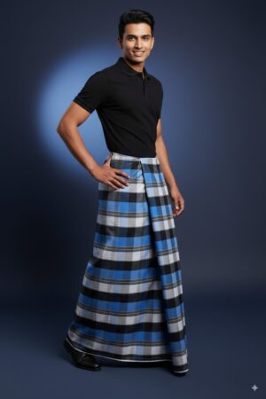 Men's Modern Lungi - Bold Blue & White Checkered Design