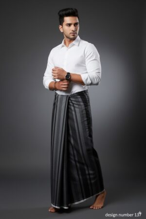 Men's Modern Lungi - Sleek Black & Grey Striped Design