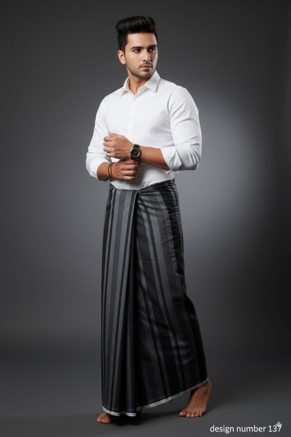 Men's Modern Lungi - Sleek Black & Grey Striped Design