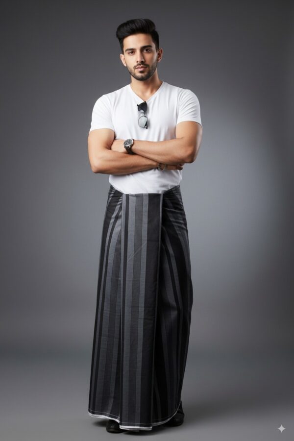 Men's Modern Lungi - Sleek Black & Grey Striped Design