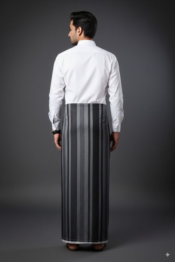 Men's Modern Lungi - Sleek Black & Grey Striped Design