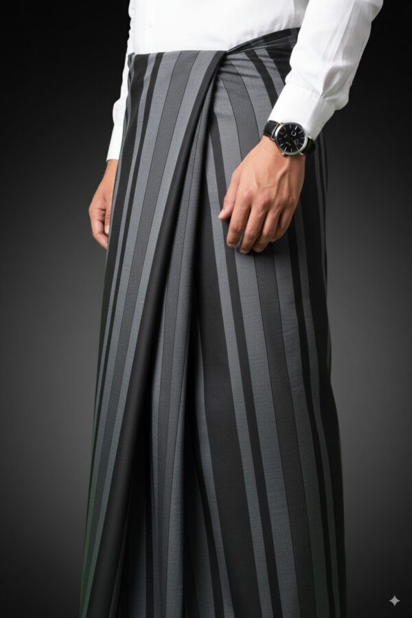 Men's Modern Lungi - Sleek Black & Grey Striped Design