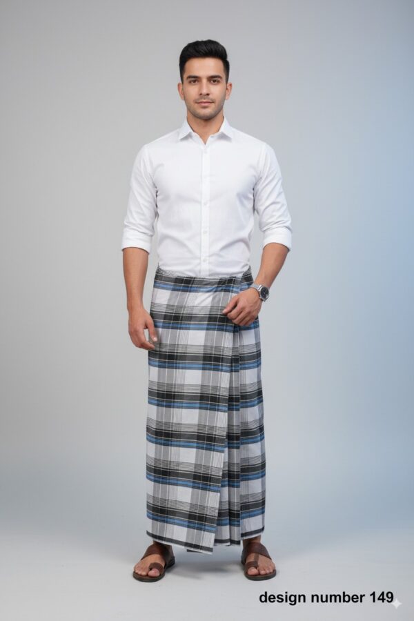 Men's Classic Lungi - Bold Black, White & Blue Checkered Design