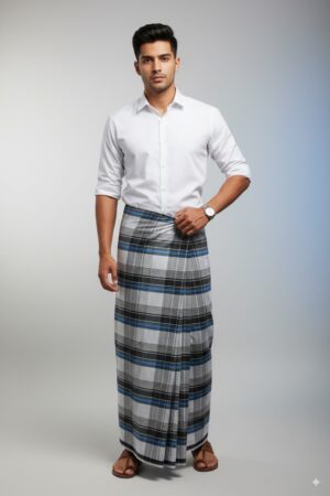 Men's Classic Lungi - Bold Black, White & Blue Checkered Design