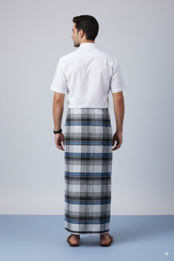 Men's Classic Lungi - Bold Black, White & Blue Checkered Design
