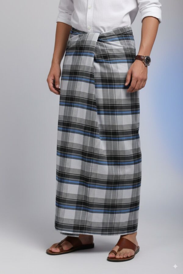 Men's Classic Lungi - Bold Black, White & Blue Checkered Design