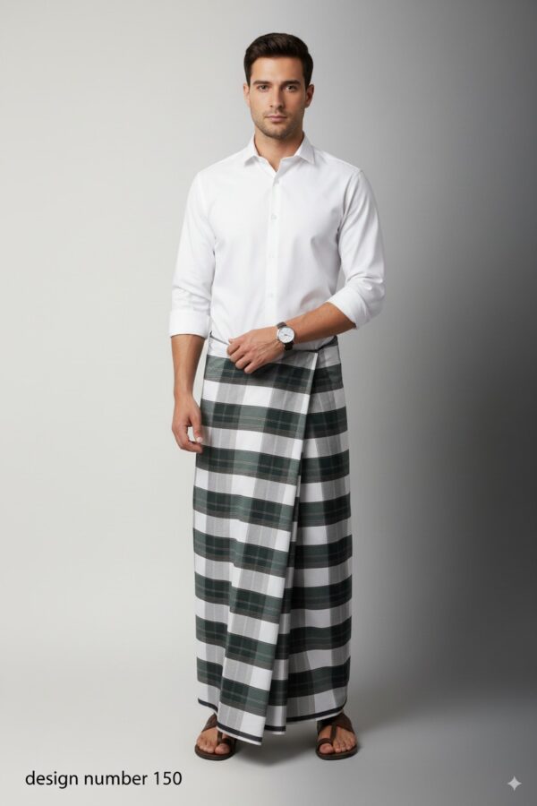 Men's Classic Lungi - Elegant Olive Green & White Checkered Design
