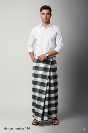 Men's Classic Lungi - Elegant Olive Green & White Checkered Design