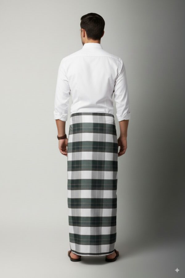 Men's Classic Lungi - Elegant Olive Green & White Checkered Design