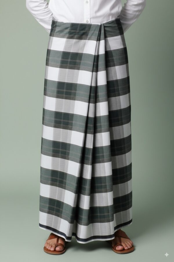 Men's Classic Lungi - Elegant Olive Green & White Checkered Design