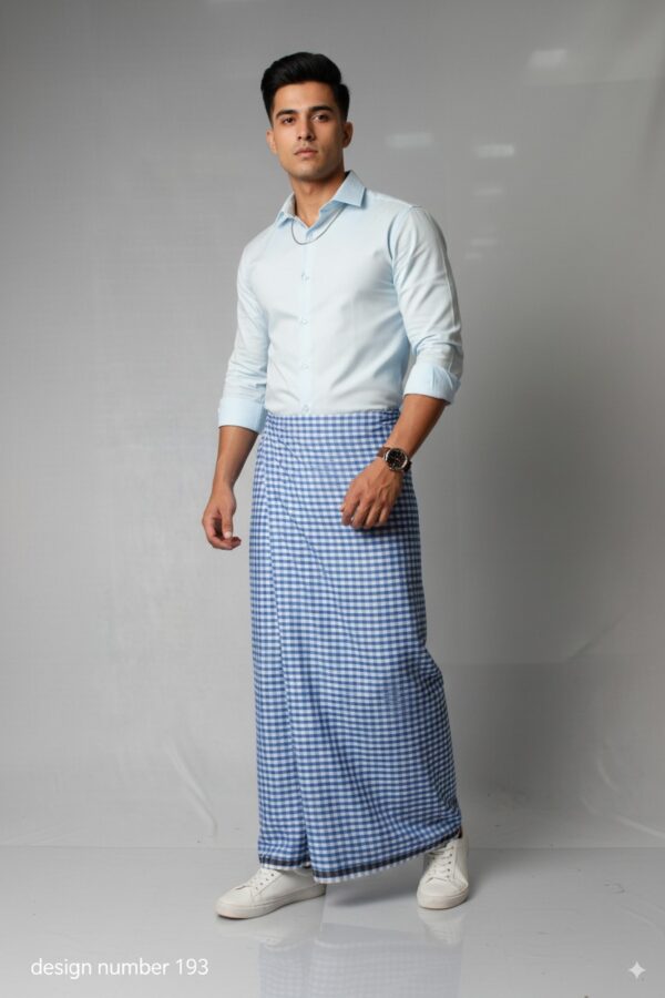 Men's Stylish Lungi - Light Blue Gingham Check Design