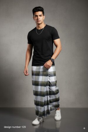 Generated Image September 05, 2025 - 3_43PM Men's Modern Plaid Lungi - Stylish Olive Green & White Design