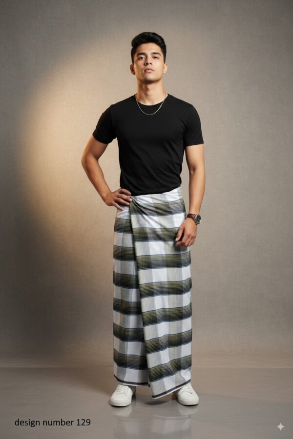 Generated Image September 05, 2025 - 3_57PM Men's Modern Plaid Lungi - Stylish Olive Green & White Design