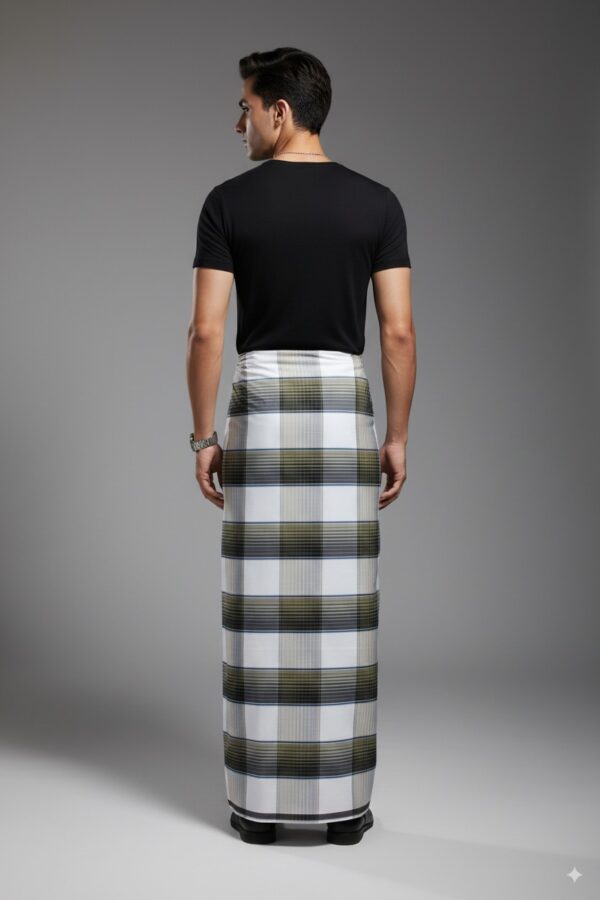 Generated Image September 05, 2025 - 3_59PM Men's Modern Plaid Lungi - Stylish Olive Green & White Design