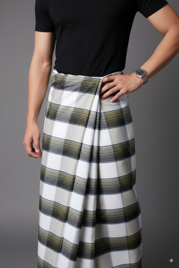 Generated Image September 05, 2025 - 4_00PM Men's Modern Plaid Lungi - Stylish Olive Green & White Design