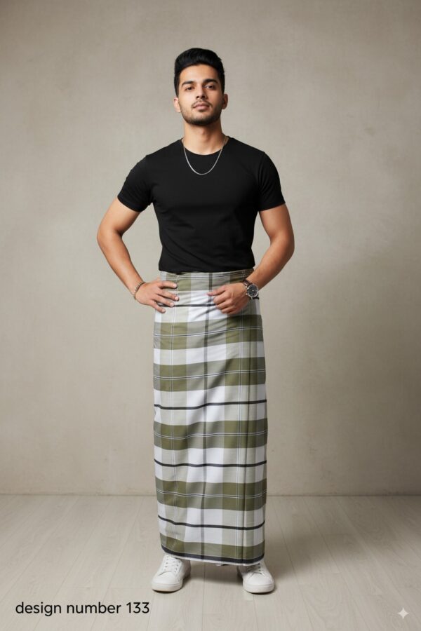 Men's Modern Plaid Lungi - Stylish Olive Green & White Design