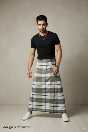 Men's Modern Plaid Lungi - Stylish Olive Green & White Design