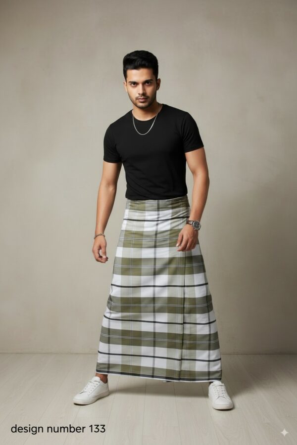 Men's Modern Plaid Lungi - Stylish Olive Green & White Design