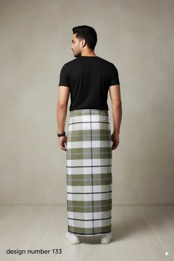 Men's Modern Plaid Lungi - Stylish Olive Green & White Design