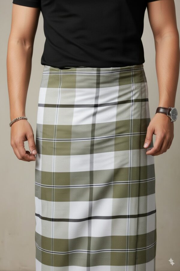 Men's Modern Plaid Lungi - Stylish Olive Green & White Design