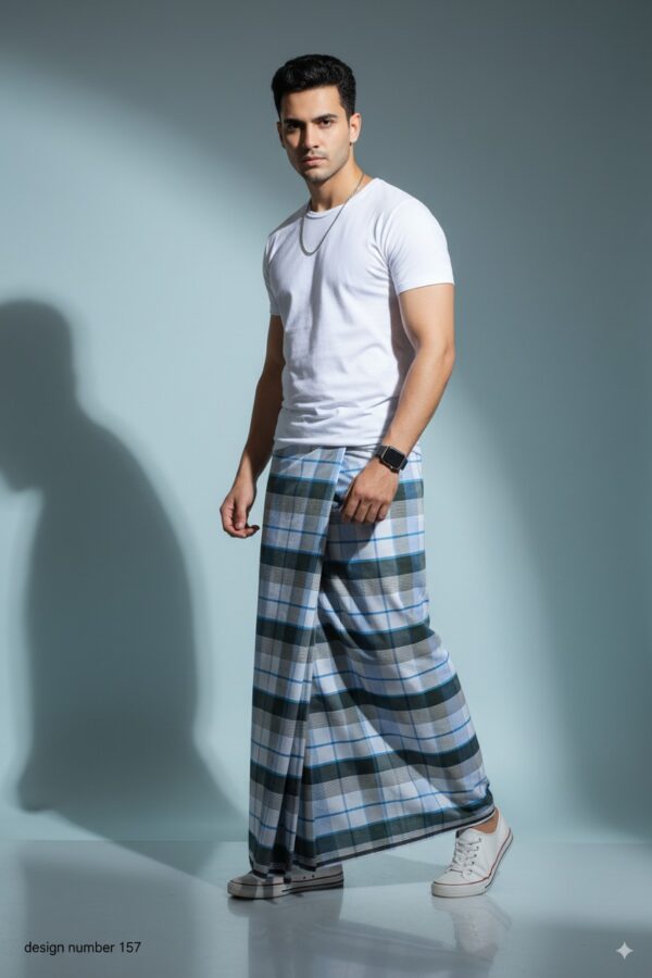 Men's Modern Plaid Lungi - Stylish Grey & Blue Design