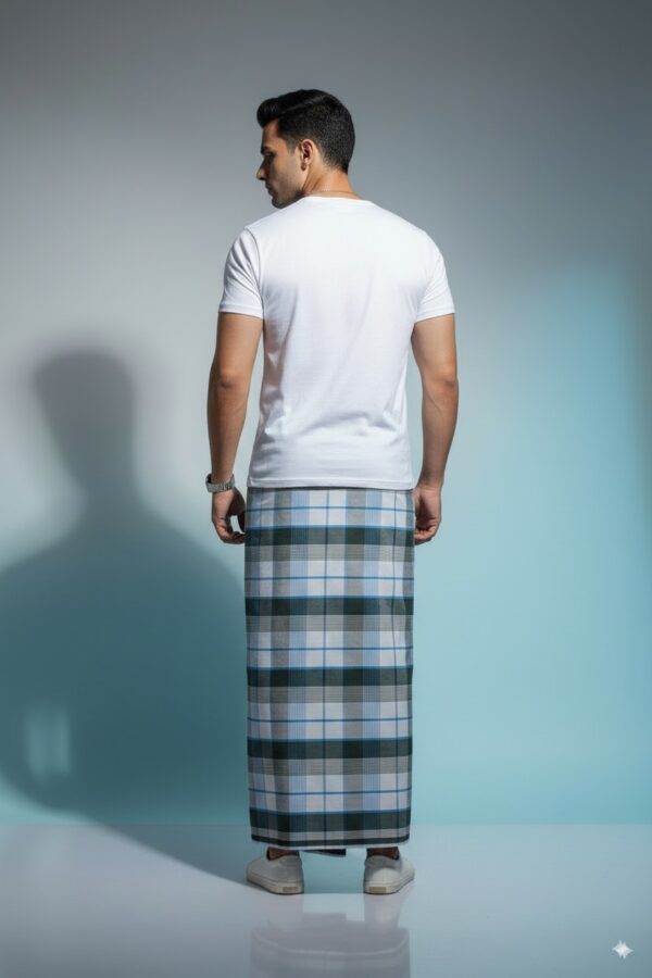 Men's Modern Plaid Lungi - Stylish Grey & Blue Design