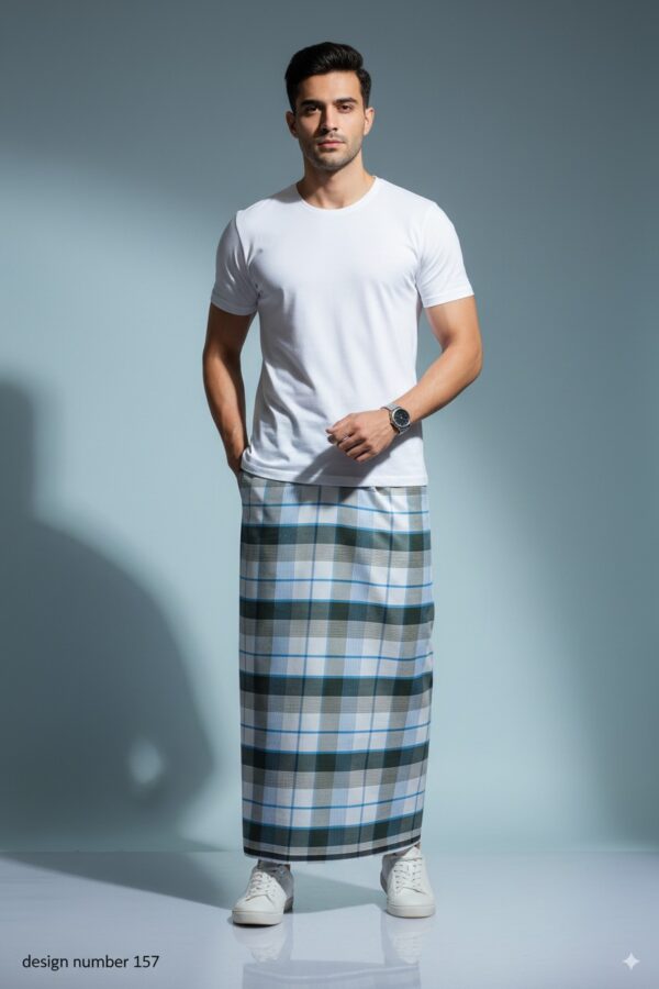 Men's Modern Plaid Lungi - Stylish Grey & Blue Design