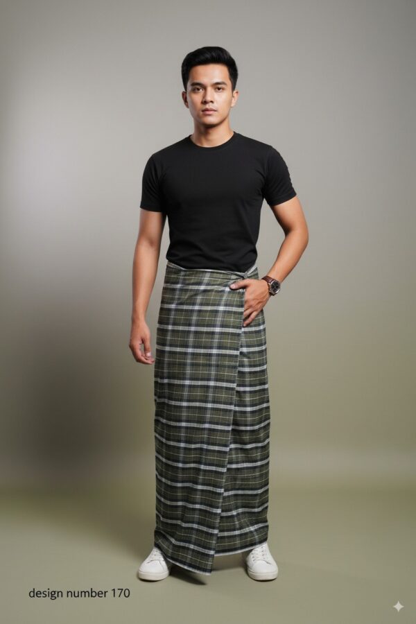 Generated Image September 05, 2025 - 5_22PM Men's Modern Plaid Lungi - Stylish Olive Green & White Design