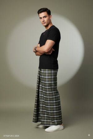 Generated Image September 05, 2025 - 5_26PM Men's Modern Plaid Lungi - Stylish Olive Green & White Design