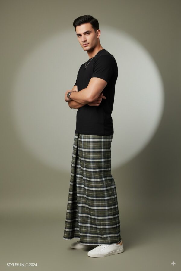 Generated Image September 05, 2025 - 5_26PM Men's Modern Plaid Lungi - Stylish Olive Green & White Design