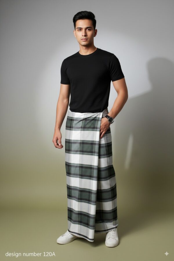 Men's Modern Plaid Lungi - Stylish Olive Green & White Design