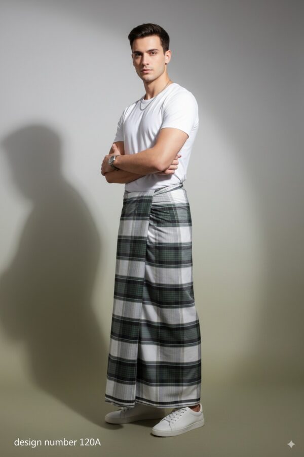 Men's Modern Plaid Lungi - Stylish Olive Green & White Design