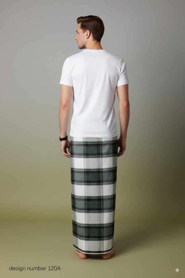 Men's Modern Plaid Lungi - Stylish Olive Green & White Design