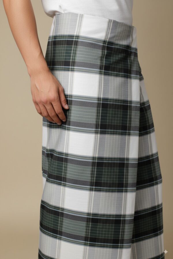 Men's Modern Plaid Lungi - Stylish Olive Green & White Design