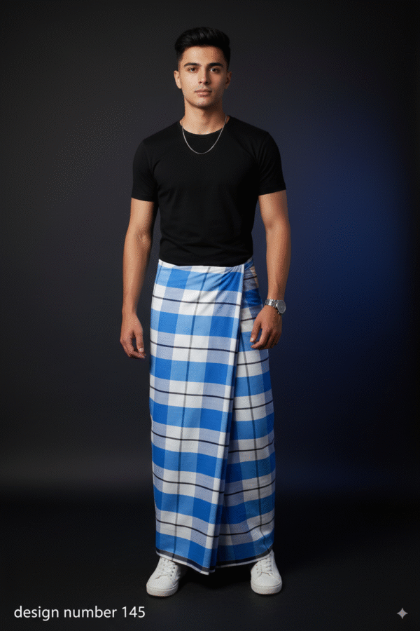 Men's Modern Lungi - Bold Blue & White Checkered Design