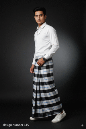 Men's Modern Plaid Lungi - Bold Black & White Design