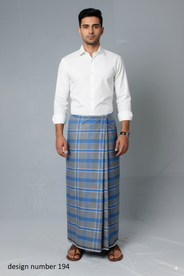Generated Image September 09, 2025 - 6_06PM Classic Men's Lungi - Stylish Grey & Blue Plaid Design