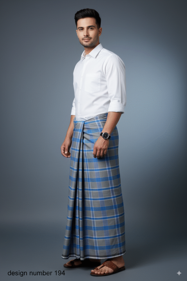 Generated Image September 09, 2025 - 6_08PM Classic Men's Lungi - Stylish Grey & Blue Plaid Design