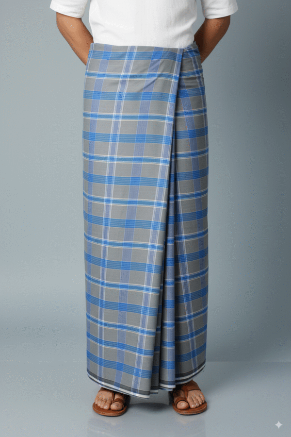 Generated Image September 09, 2025 - 6_22PM Classic Men's Lungi - Stylish Grey & Blue Plaid Design