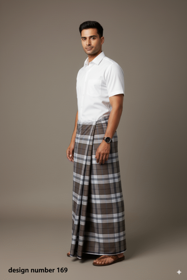 Classic Men's Lungi - Refined Grey and White Checkered Design